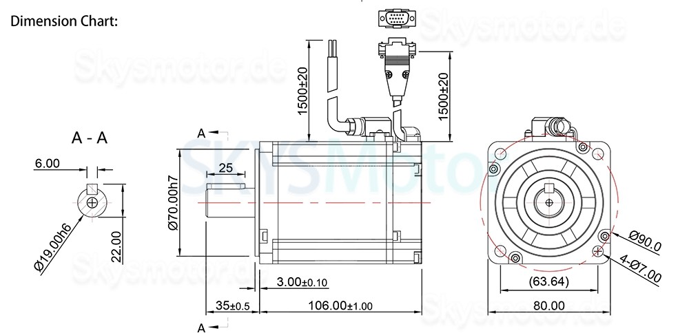 750W DC Servomotoren 80ASM750-5-1024C 48V 20A 2,39N.m 3000 U/min 80 x 80mm